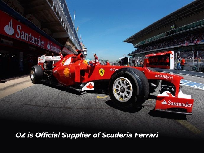 2012. Scuderia Ferrari vælger OZ: 2012 sæsonen markerede begyndelsen på et partnerskab med Ferrari, idet OZ fik opgaven at udvikle og producere fælgene til Fernando Alonsos og Felipe Massas formel racere.